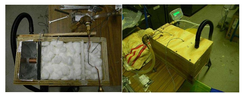 The apparatus open and closed. Cotton batting packs both chambers, and the steam chamber is lined with aluminum tape to reflect heat back in.