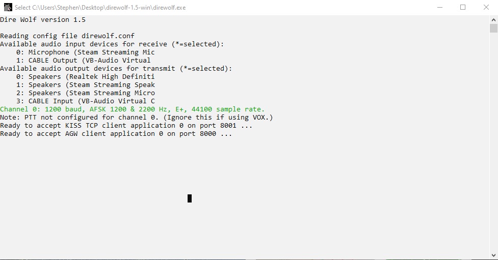 Direwolf decoding 1200 baud AFSK at 1200 and 2200 Hz during a local test, with audio arriving over VB-Cable.